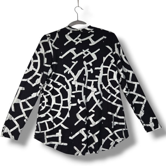 Alembika Knit V-neck Top Black Silver Metallic Hypnotic Print 3/4 Sleeve 2 / M - Picture 12 of 16